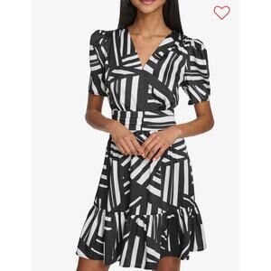 Karl Lagerfeld New! Mini Dress Black White Geometric Print Tiered Party Size 8